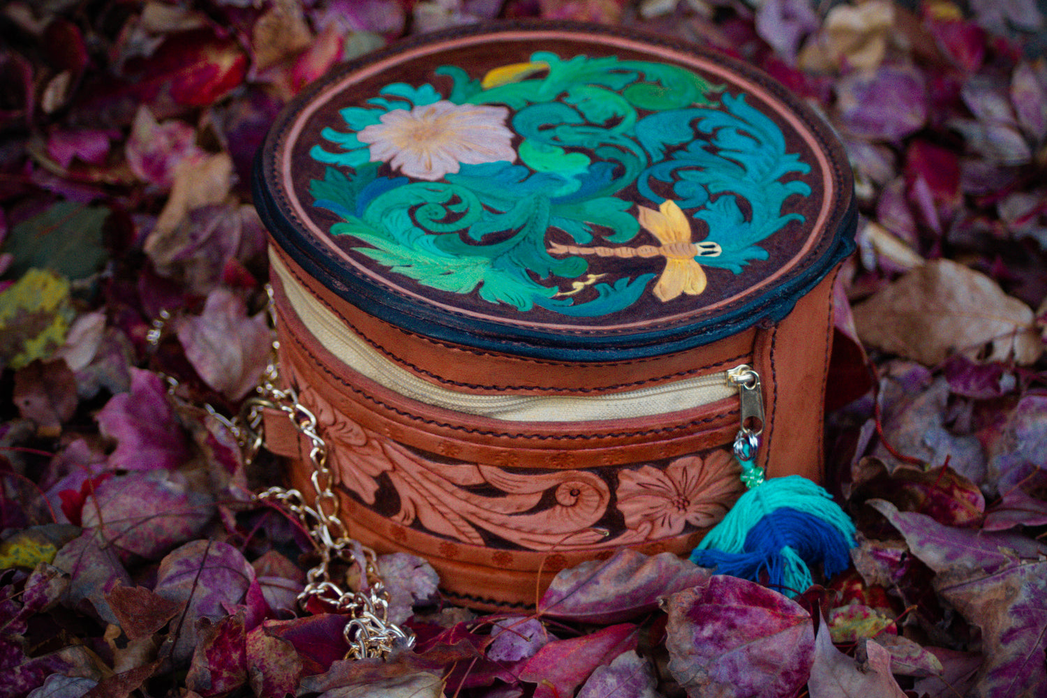 Handcrafted Bison Cabin Tooled Leather Bag & Purse with intricate tooling, inspired by the Wild West, nature, and whimsical charm, combining rustic elegance with timeless craftsmanship.