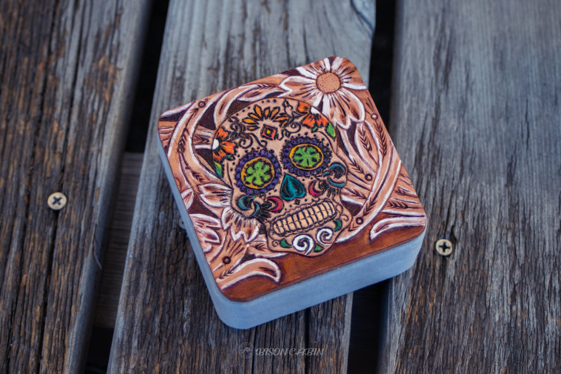 Leather Tooled Jewelry Travel Box , Tooled leather jewelry box , handmade tooled jewelry box, leather carved jewelry box, handcrafted accessory box , cowgirl tooled jewelry box , wild west, cactus tooled , heart tooled , gothic skull, skull tooled, 