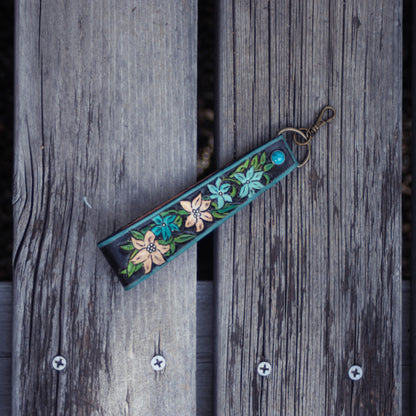 Leather tooled lily flower key chain , tooled leather key chain, leather carved key ring 