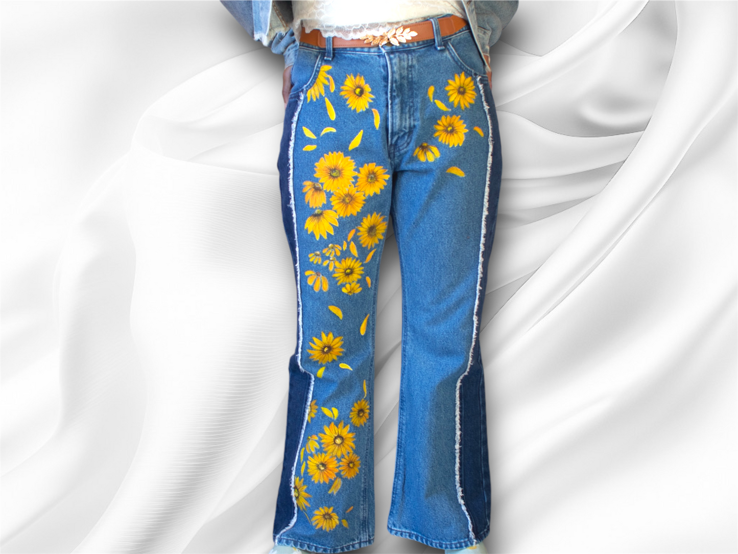 Hand-painted  Women's Flower Denim Jeans, hand painted fabrics, daisy flowers painted denim jeans , flower painted clothes, hand painted denim jeans , hand painted fabric art