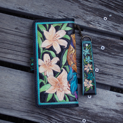 Leather tooled gothic bifold wallet featuring intricate designs, perfect for bikers. The wallet has a rugged, vintage aesthetic with embossed gothic patterns, a durable leather exterior, and multiple compartments for cards and cash , tiger tooled , handmade leather bifold wallet, lily   flower tooled, biker tooled leather wallet, handcrafted biker wallet, leather carved biker wallet 