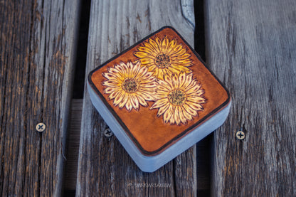 Leather Tooled Jewelry Travel Box , Tooled leather jewelry box , handmade tooled jewelry box, leather carved jewelry box, handcrafted accessory box , cowgirl tooled jewelry box , wild west, cactus tooled , heart tooled , gothic skull, skull tooled, sunflower tooled jewelry box