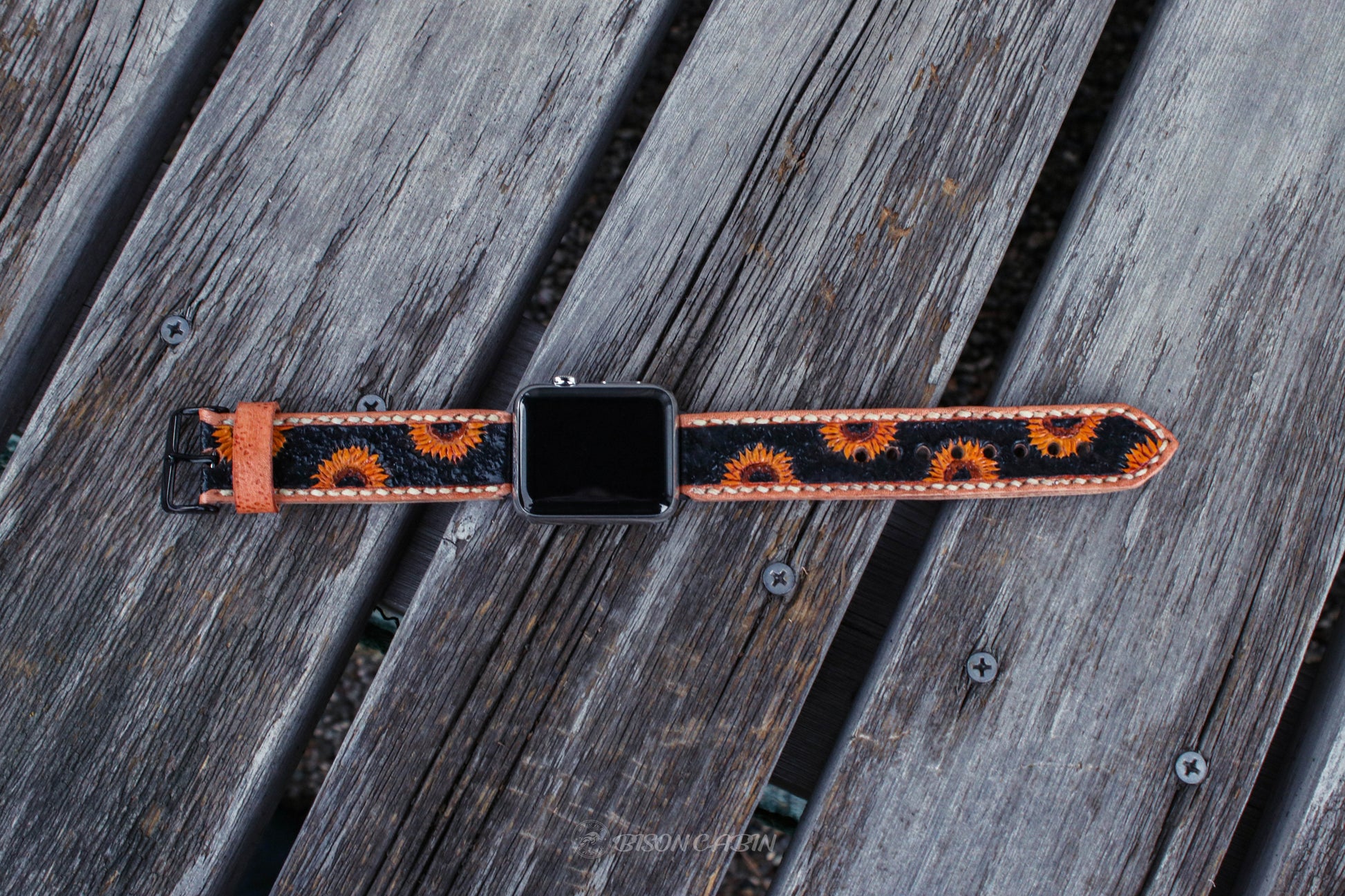 Handcrafted tooled leather Apple Watch band with intricate detailing, custom-made for a stylish and durable upgrade. Perfect for Apple Watch users seeking a unique, artisan leather strap , western tooled apple  watch bands, handmade leather straps, handcrafted leather tooled apple watch bands, tooled leather watch bands , handmade leather apple watch bands, hand tooled watch strap , tooled leather backstitching apple watch bands , sunflower tooled leather watch band 