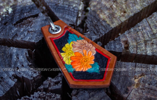 Handmade flower tooling leather carved key tag