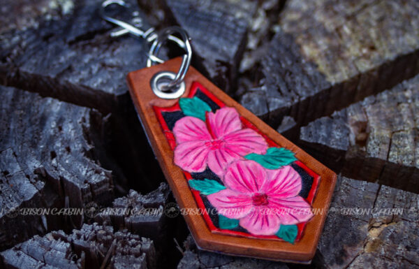 Handmade hibiscus flower tooling leather key tag
