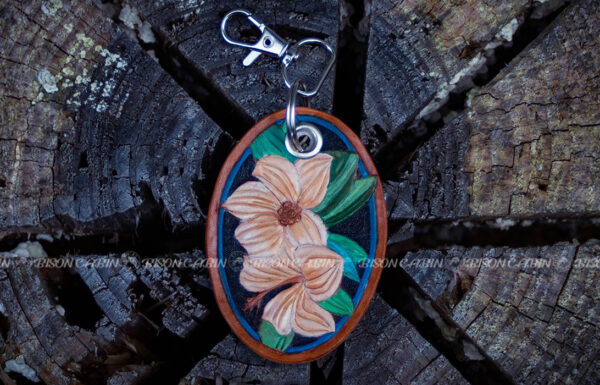Handmade tropical flower tooling leather key tag 2