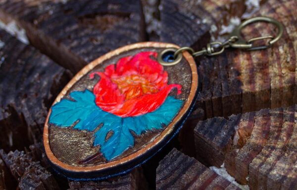 Handmade Bohemian floral tooling leather carving key tag