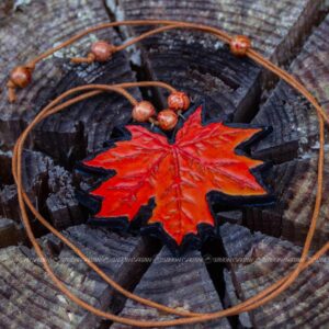 Carved Leather pendant and Necklace Handmade reddish-orange autumn leaf