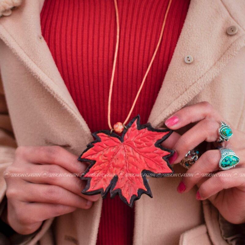 Carved Leather pendant and Necklace Handmade reddish-orange autumn leaf