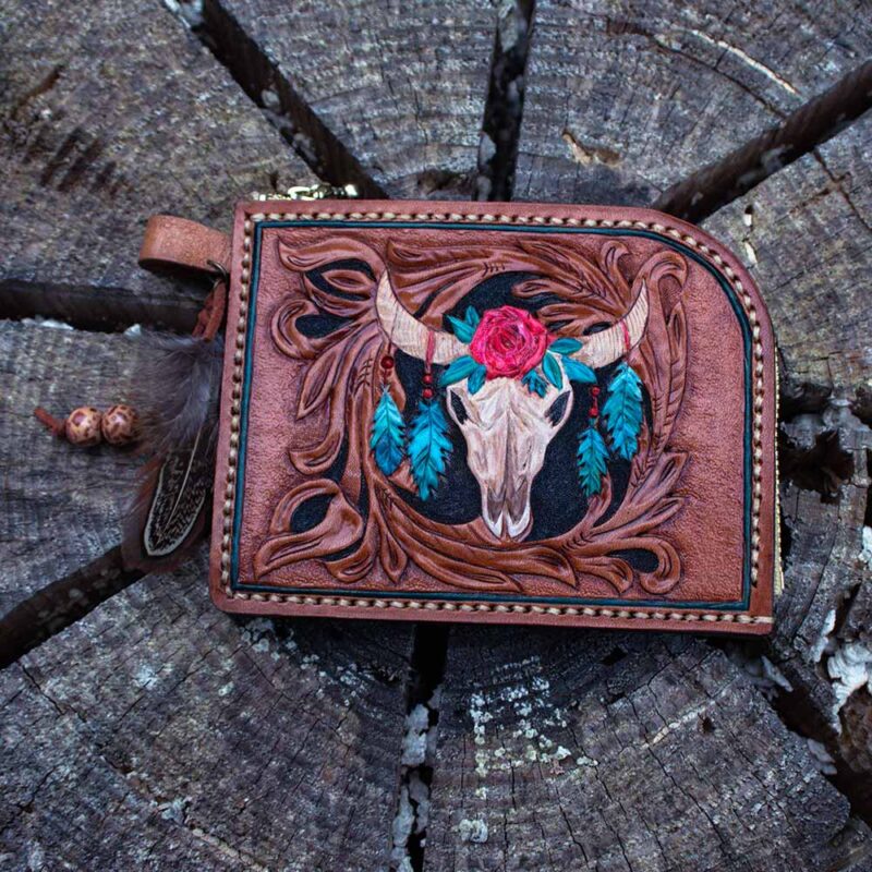 L Shaped fastener Boho long Skull Leather Carving Coin and Cash wallet/Carved Leather Wallet