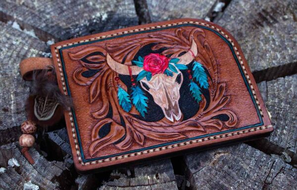 L Shaped fastener Boho long Skull Leather Carving Coin and Cash wallet /Carved Leather Wallet